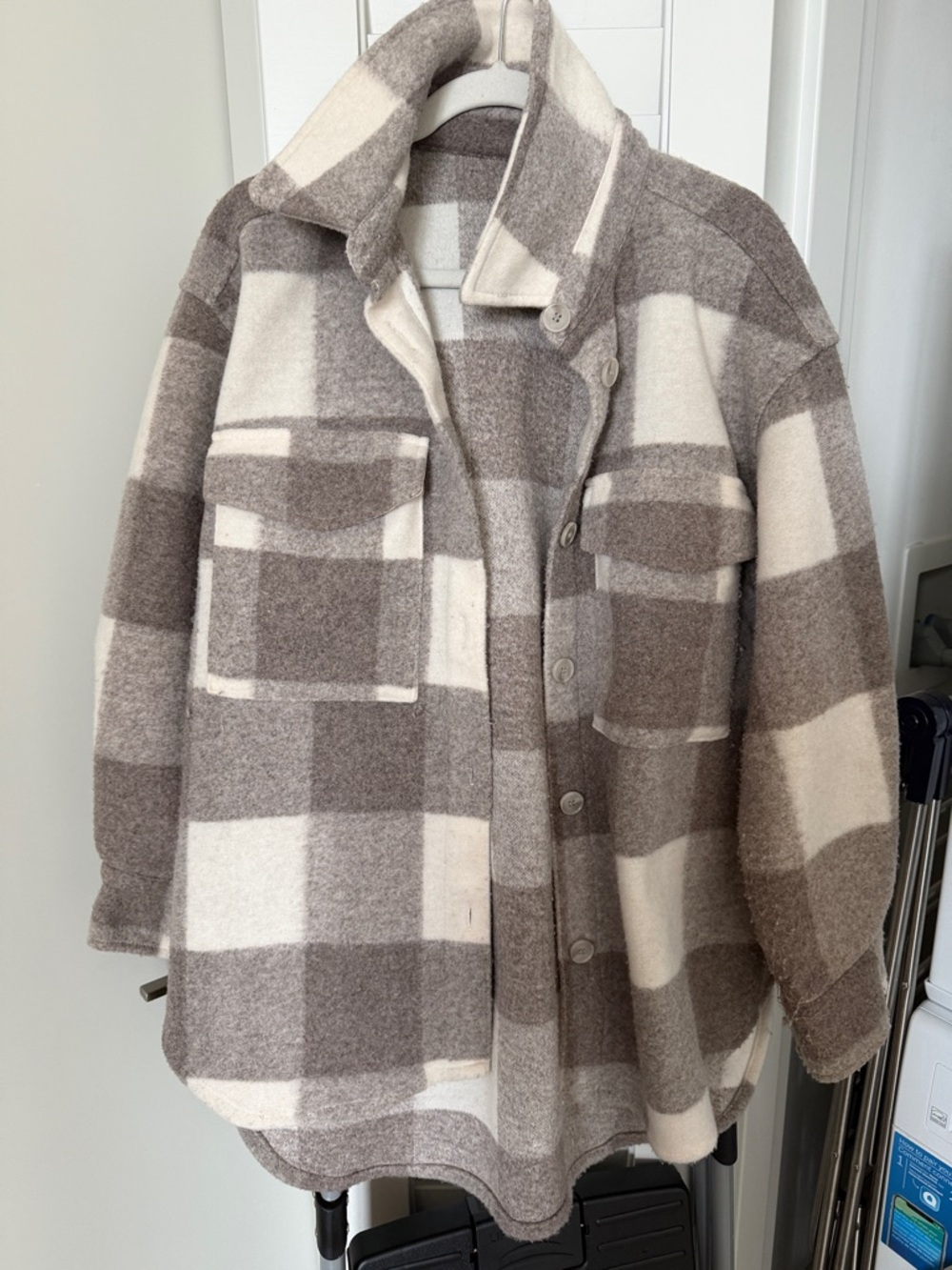 Womens Taupe and Cream Plaid Shacket Jacket, M, H AND M